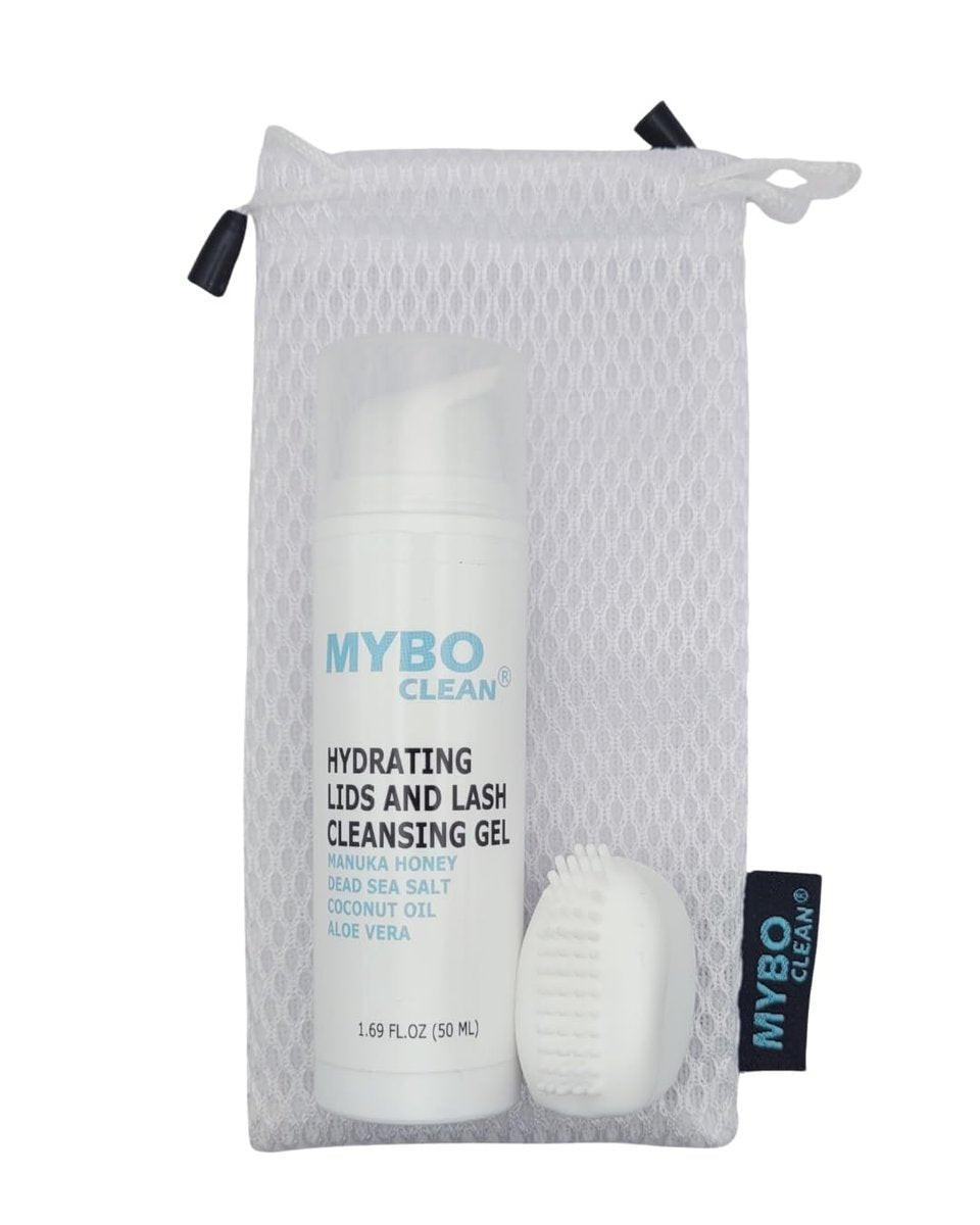Mybo Clean Augenlid-Reinigungsbürste für empfindliche Haut (1 Stück) + Feuchtigkeitsspendendes Lid- und Wimpern-Reinigungsgel (1 Stück) + Reisetasche – Sanfte Reinigung für die Augenlider unterwegs