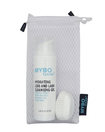 Mybo Clean Augenlid-Reinigungsbürste für empfindliche Haut (1 Stück) + Feuchtigkeitsspendendes Lid- und Wimpern-Reinigungsgel (1 Stück) + Reisetasche – Sanfte Reinigung für die Augenlider unterwegs