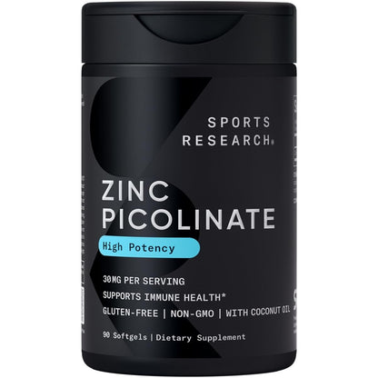 Sports Research Hochdosiertes Zink-Picolinat 30 mg mit Bio-Kokosöl | Hoch absorbierbares Zink für gesunde Immun- und Enzymfunktion – Non-GMO getestet & glutenfrei (90 flüssige Weichkapseln)