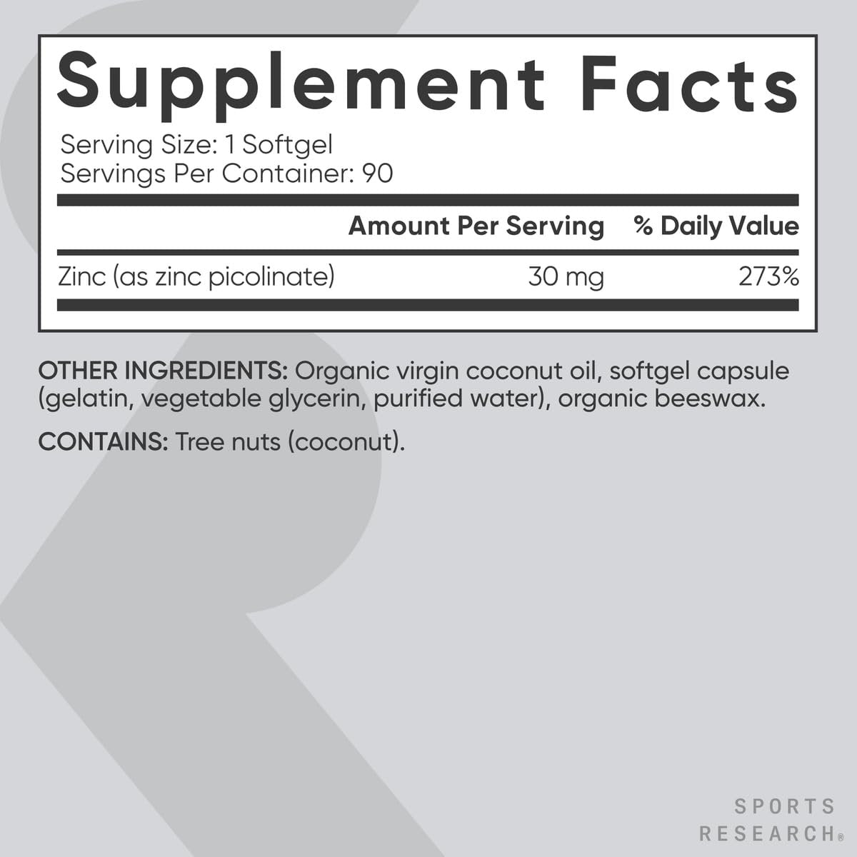 Sports Research Hochdosiertes Zink-Picolinat 30 mg mit Bio-Kokosöl | Hoch absorbierbares Zink für gesunde Immun- und Enzymfunktion – Non-GMO getestet & glutenfrei (90 flüssige Weichkapseln)