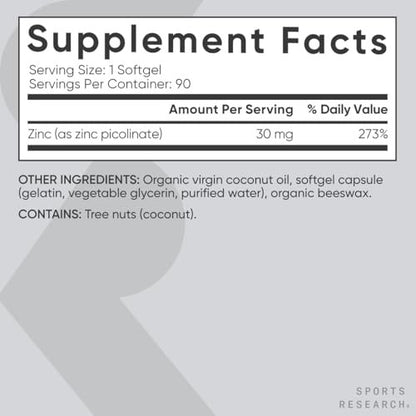 Sports Research Hochdosiertes Zink-Picolinat 30 mg mit Bio-Kokosöl | Hoch absorbierbares Zink für gesunde Immun- und Enzymfunktion – Non-GMO getestet & glutenfrei (90 flüssige Weichkapseln)