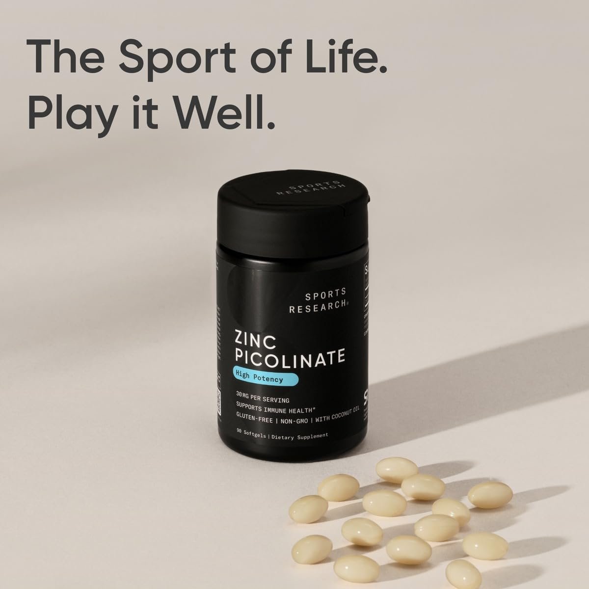 Sports Research Hochdosiertes Zink-Picolinat 30 mg mit Bio-Kokosöl | Hoch absorbierbares Zink für gesunde Immun- und Enzymfunktion – Non-GMO getestet & glutenfrei (90 flüssige Weichkapseln)