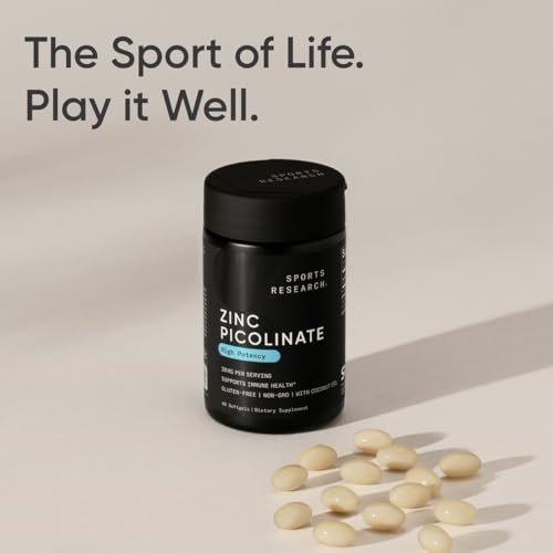 Sports Research Hochdosiertes Zink-Picolinat 30 mg mit Bio-Kokosöl | Hoch absorbierbares Zink für gesunde Immun- und Enzymfunktion – Non-GMO getestet & glutenfrei (90 flüssige Weichkapseln)