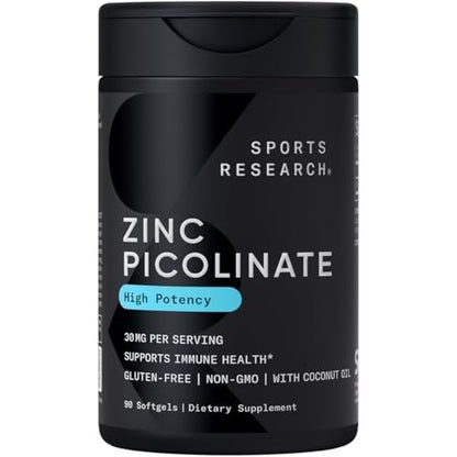 Sports Research Hochdosiertes Zink-Picolinat 30 mg mit Bio-Kokosöl | Hoch absorbierbares Zink für gesunde Immun- und Enzymfunktion – Non-GMO getestet & glutenfrei (90 flüssige Weichkapseln)