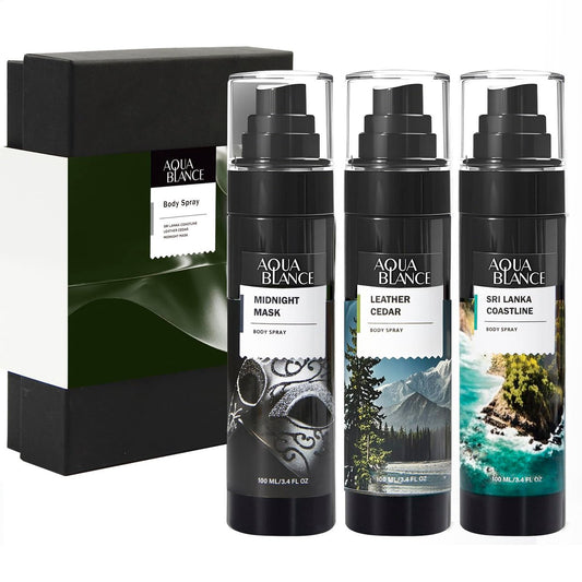 AQUA BLANCE Body Spray für Männer, 3er-Pack, je 100 ml – Erfrischender Herrenduft mit Bergamotte, Patchouli, Zeder und Leder