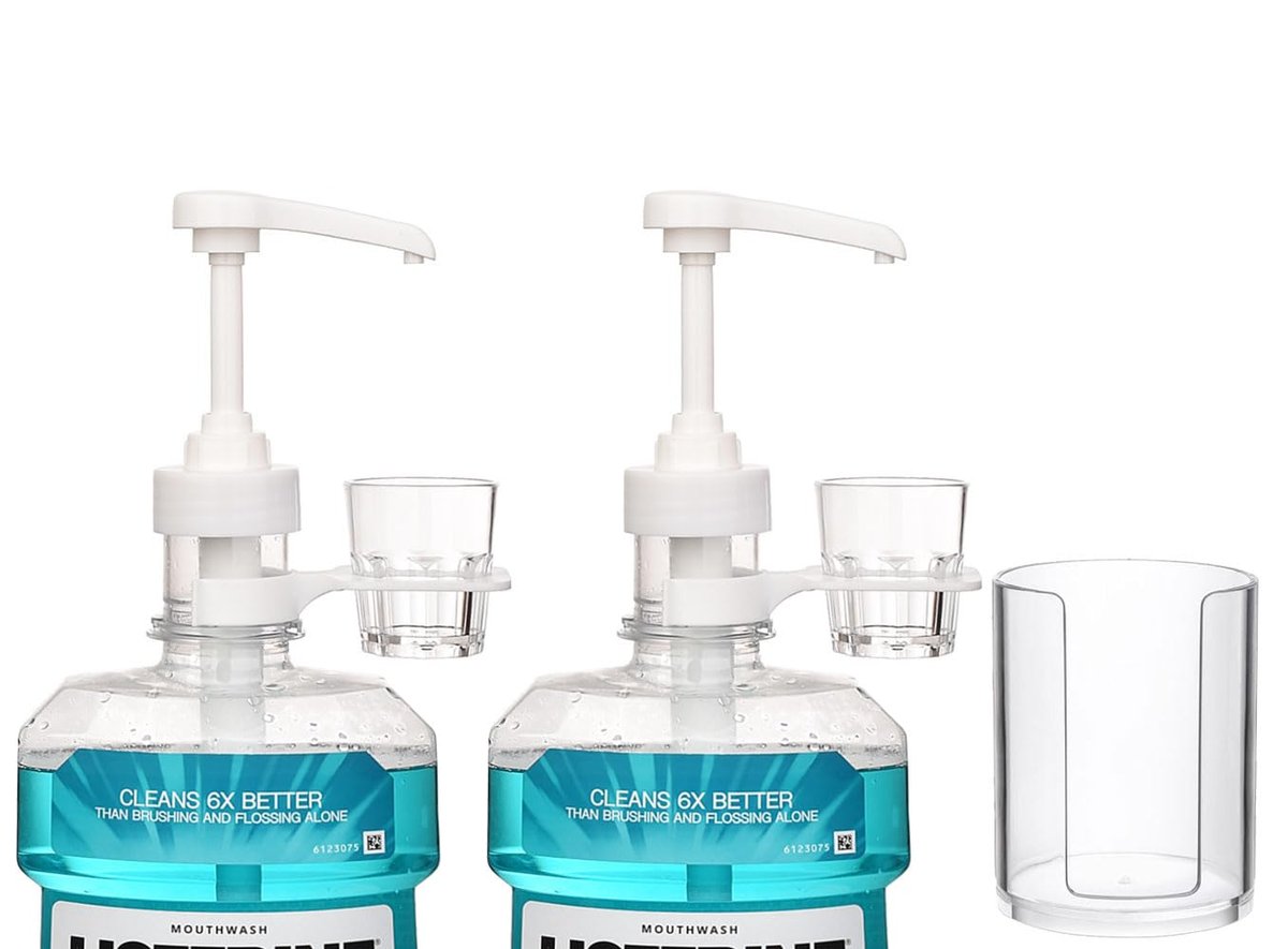 Pumpenspender für Listerine 1 oder 1,5 Liter Mundwasserflaschen mit Becherhaltern, wiederverwendbaren Bechern und Spender für Pappbecher aus klarem Kunststoff - Passend für Total Care, Original, Zero Alcohol, Cool Mint u.v.m.