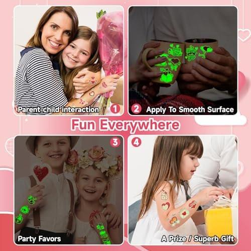 EMOME 204 Stücke Leuchtende Valentinstag Tattoos für Kinder – Individuell Verpackte Glow-in-the-Dark Herz Tattoo Aufkleber für Frauen, Kinder, Valentinstag Accessoires, Partygeschenke