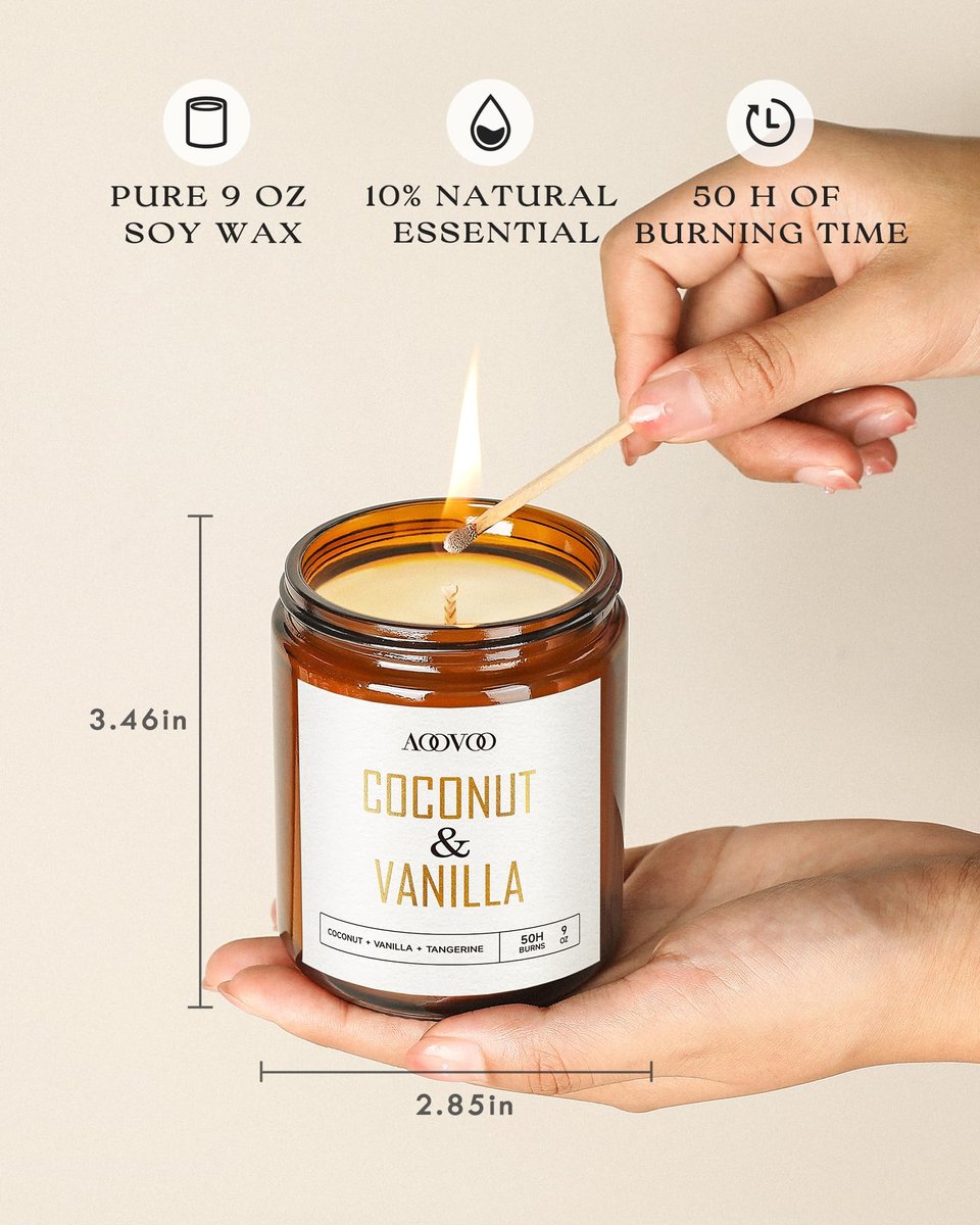 AOOVOO Kokos-Vanille Kerze – 9 oz Duftkerze aus Sojawachs für Aromatherapie und Wohlfühlen