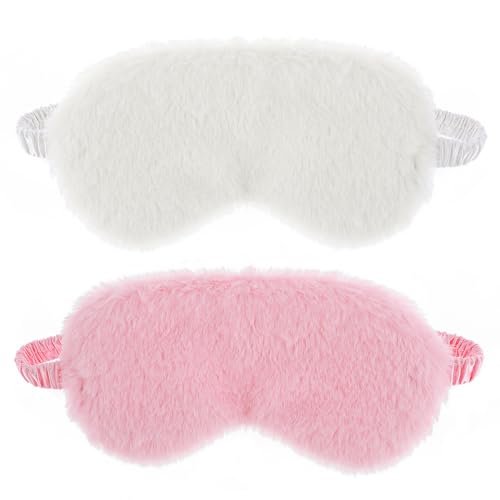 2er-Set Plüsch-Flaum-Augenmaske – Weiche Schlafmaske aus Satin und Kunstfell für Damen und Herren (Weiß & Rosa)