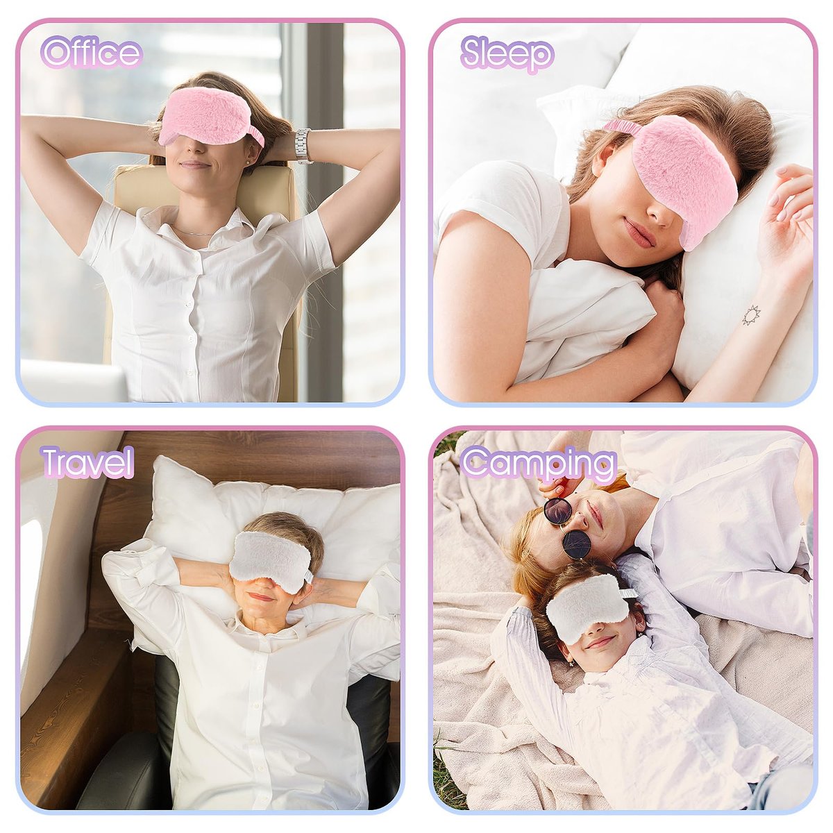 2er-Set Plüsch-Flaum-Augenmaske – Weiche Schlafmaske aus Satin und Kunstfell für Damen und Herren (Weiß & Rosa)