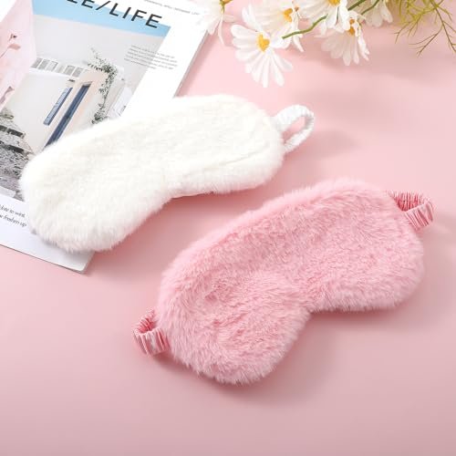 2er-Set Plüsch-Flaum-Augenmaske – Weiche Schlafmaske aus Satin und Kunstfell für Damen und Herren (Weiß & Rosa)