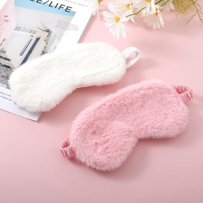 2er-Set Plüsch-Flaum-Augenmaske – Weiche Schlafmaske aus Satin und Kunstfell für Damen und Herren (Weiß & Rosa)