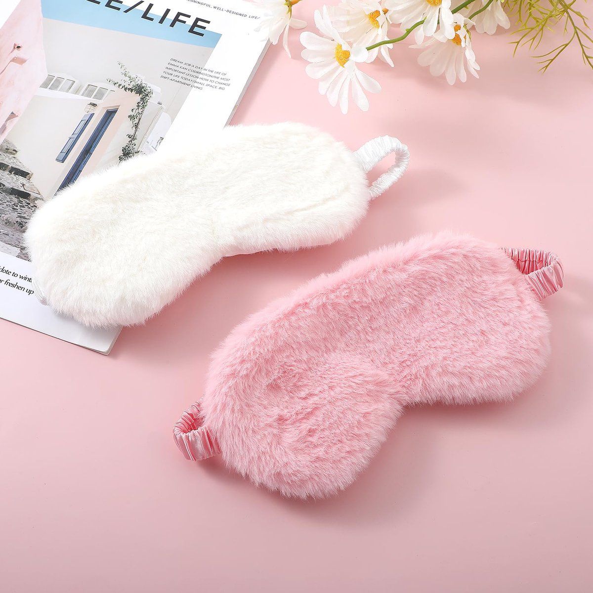 2er-Set Plüsch-Flaum-Augenmaske – Weiche Schlafmaske aus Satin und Kunstfell für Damen und Herren (Weiß & Rosa)