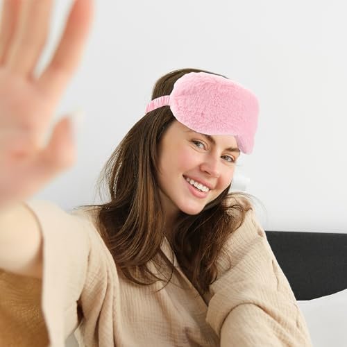 2er-Set Plüsch-Flaum-Augenmaske – Weiche Schlafmaske aus Satin und Kunstfell für Damen und Herren (Weiß & Rosa)