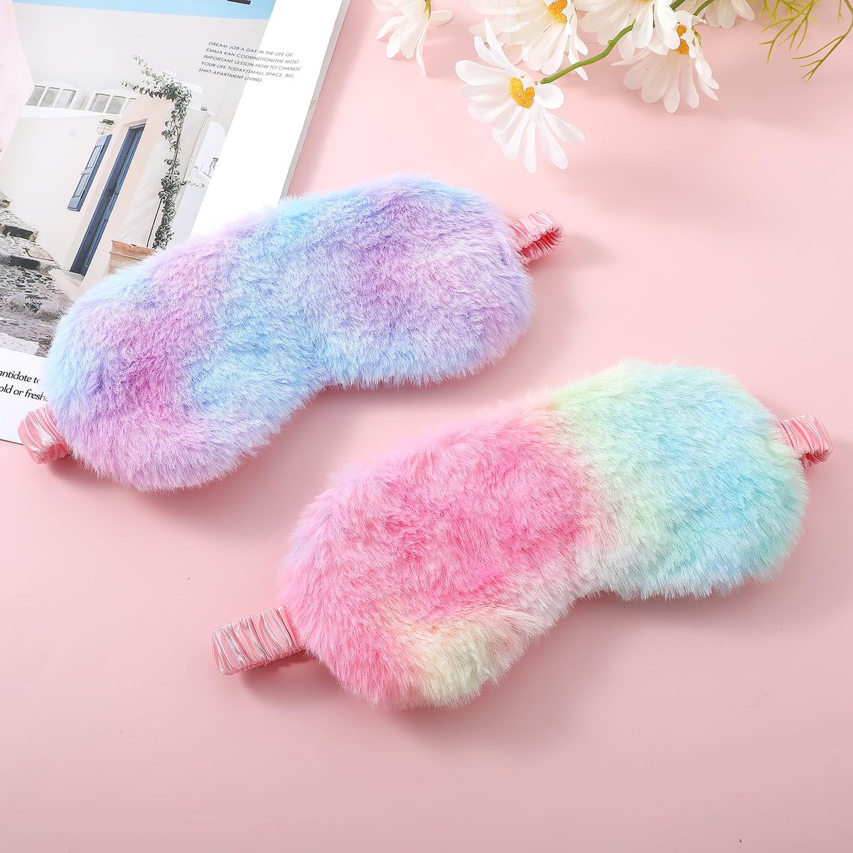 2er-Pack Plüsch Schlafmaske - Flauschige Augenmaske aus Samt, Regenbogen-Fellimitat für Damen, Herren und Kinder, Bequem für Reisen und Nickerchen