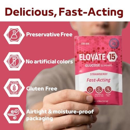 Elovate 15 Schnell wirkende Glukosepulver-Päckchen, Erdbeere – Sofortige Auflösung, kein Wasser nötig | 15 g reine Dextrose | Wasserfeste SlimPaks | Hergestellt in den USA | Glutenfrei (12er-Pack)