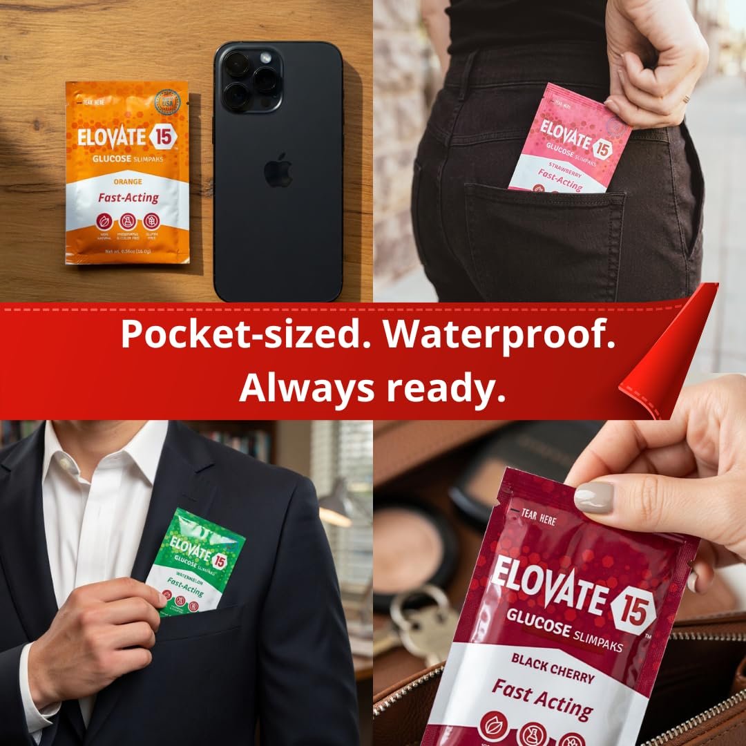 Elovate 15 Schnell wirkende Glukosepulver-Päckchen, Erdbeere – Sofortige Auflösung, kein Wasser nötig | 15 g reine Dextrose | Wasserfeste SlimPaks | Hergestellt in den USA | Glutenfrei (12er-Pack)