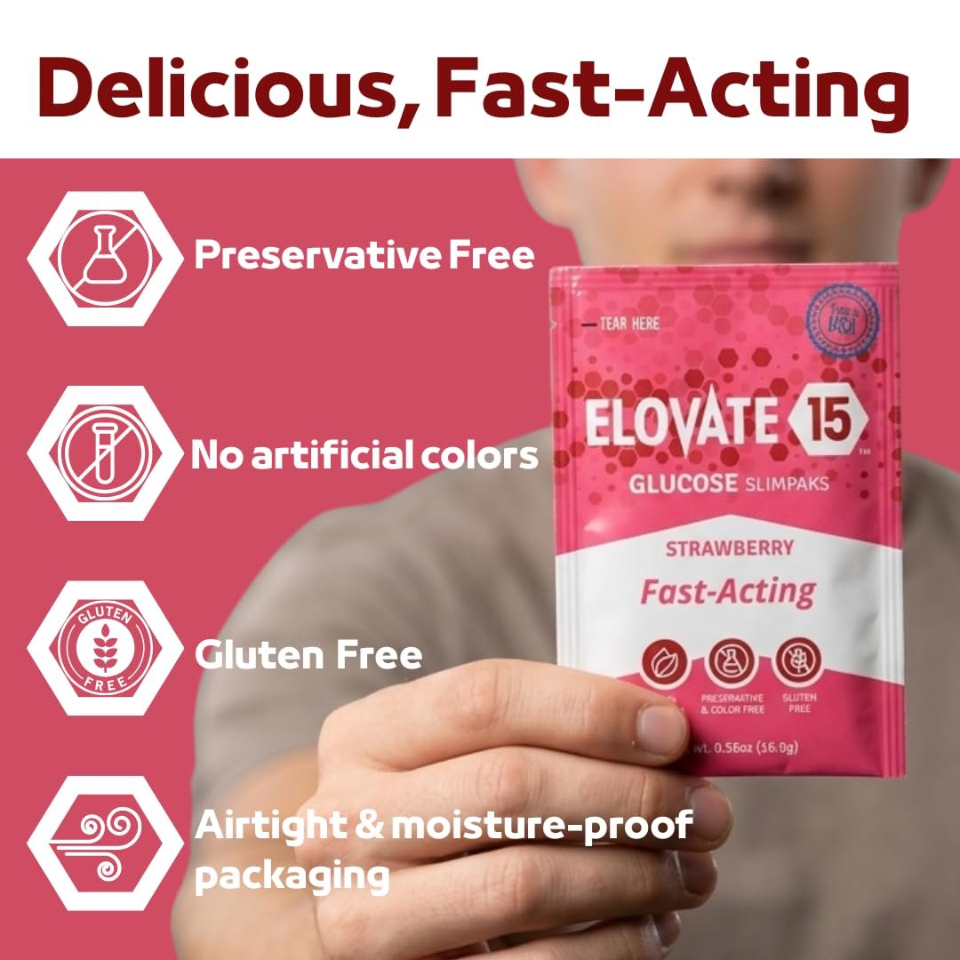 Elovate 15 Schnell wirkende Glukosepulver-Päckchen, Erdbeere – Sofortige Auflösung, kein Wasser nötig | 15 g reine Dextrose | Wasserfeste SlimPaks | Hergestellt in den USA | Glutenfrei (12er-Pack)