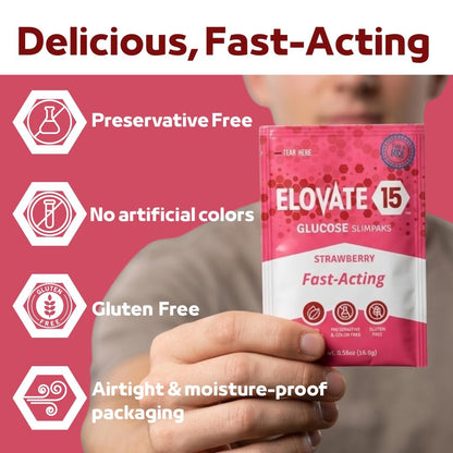 Elovate 15 Schnell wirkende Glukosepulver-Päckchen, Erdbeere – Sofortige Auflösung, kein Wasser nötig | 15 g reine Dextrose | Wasserfeste SlimPaks | Hergestellt in den USA | Glutenfrei (12er-Pack)