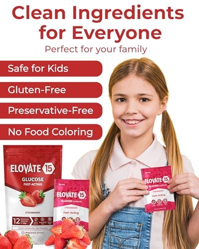 Elovate 15 Schnell wirkende Glukosepulver-Päckchen, Erdbeere – Sofortige Auflösung, kein Wasser nötig | 15 g reine Dextrose | Wasserfeste SlimPaks | Hergestellt in den USA | Glutenfrei (12er-Pack)