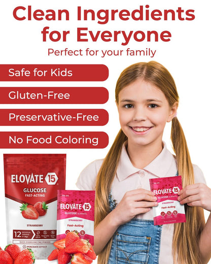 Elovate 15 Schnell wirkende Glukosepulver-Päckchen, Erdbeere – Sofortige Auflösung, kein Wasser nötig | 15 g reine Dextrose | Wasserfeste SlimPaks | Hergestellt in den USA | Glutenfrei (12er-Pack)