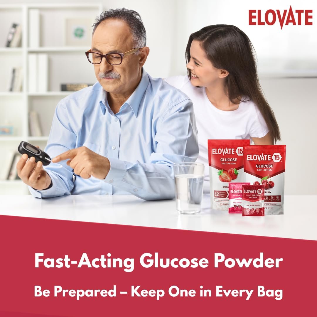 Elovate 15 Schnell wirkende Glukosepulver-Päckchen, Erdbeere – Sofortige Auflösung, kein Wasser nötig | 15 g reine Dextrose | Wasserfeste SlimPaks | Hergestellt in den USA | Glutenfrei (12er-Pack)