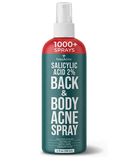 Back Acne Spray mit 2% Salicylsäure (BHA) – Schnell trocknender Körperspray gegen Pickel an Rücken, Brust, Schultern und Po mit Teebaumöl und Aloe Vera, 150 ml
