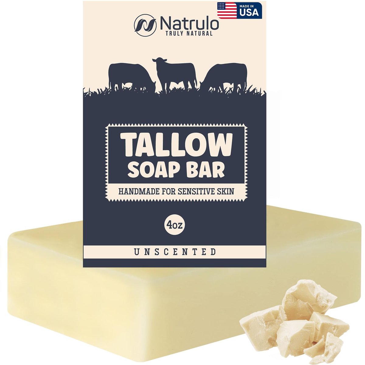 Natrulo Rindertalg-Seife – All-Natural, grasgefüttert, unparfümiert – Feuchtigkeitsspendende Gesichts- & Körperreinigung für Ekzeme, trockene, juckende, empfindliche Haut – Handgefertigte Badeseife für Erwachsene & Kinder, hergestellt in USA