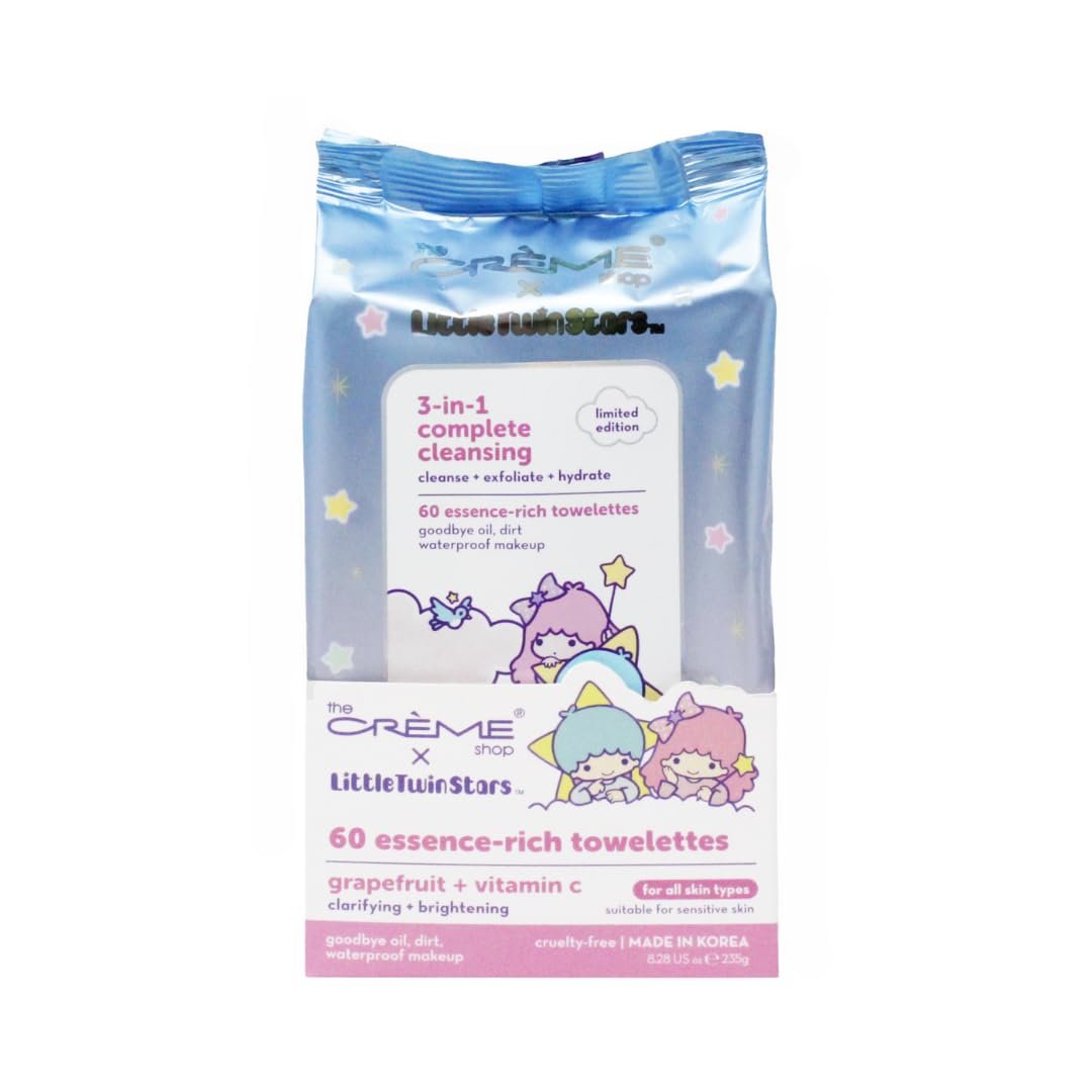 The Crème Shop Little Twin Stars 3-in-1 Complete Cleansing Wipes – Grapefruit Make-up Entferner | Feuchtigkeitsspendende Abschminktücher (60 vorgeladene Tücher)