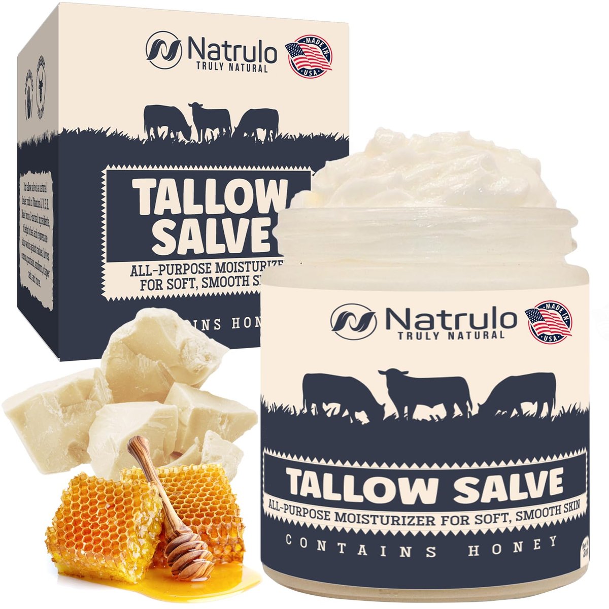 Beef Tallow Salbe – All-Natürliche Grasgefütterte Rinder-Talg & Honig Allzwecksalbe – Feuchtigkeitsspendende Körpersalbe für Ekzeme, rissige, trockene, juckende, gereizte Haut – Hautpflege zur Hautreparatur, Hergestellt in den USA