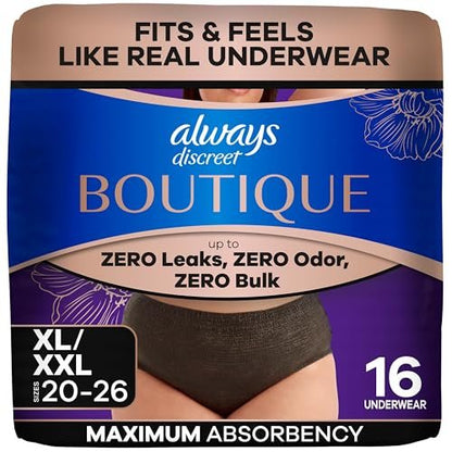Always Discreet Boutique Inkontinenz- und Wochenbettunterwäsche für Damen, Maximaler Schutz, Extra Large, Schwarz, 16 Stück
