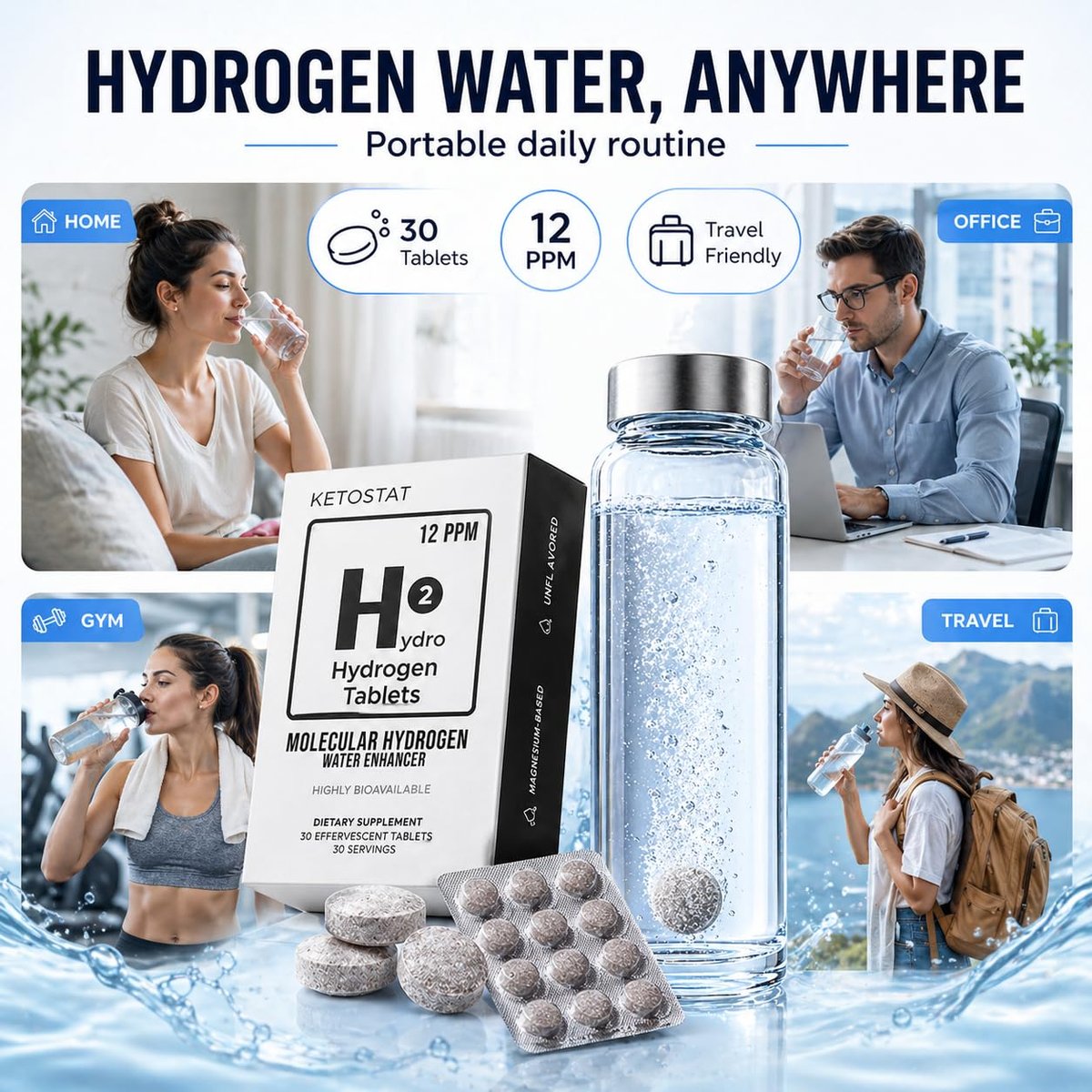 Hydrogen-Wasser-Tabletten für Trinkwasser – 30 Tabletten, 12 PPM Nanoblasen – Hergestellt in den USA