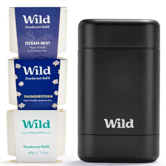 Wild Aluminiumfreies Deodorant für Männer Starter Kit - Nachfüllbarer Deodorant Stick mit schwarzem Applikatorgehäuse & veganem Nachfüll-Variety-Pack - Düfte: Fresh Cotton & Sea Salt, Ocean Mist & Thunderstorm Clean