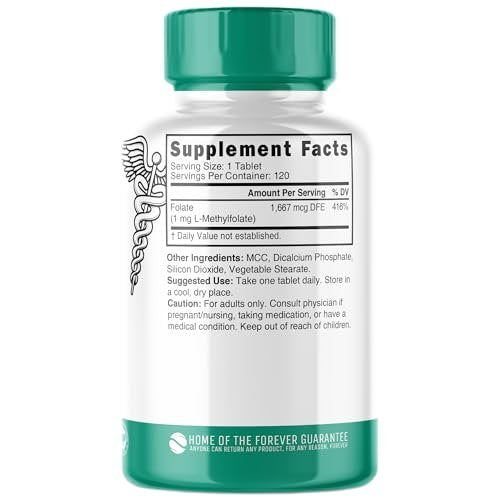 Nutri 5-MTHF L-Methylfolat 1 mg – 4-Monatsvorrat, 120 vegane Tabletten – Methylierte Folat-Ergänzung für kognitive Funktion, Herzgesundheit, pränatale Unterstützung – 3rd Party getestet – NSF-zertifizierte Einrichtung
