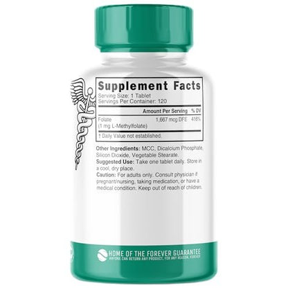 Nutri 5-MTHF L-Methylfolat 1 mg – 4-Monatsvorrat, 120 vegane Tabletten – Methylierte Folat-Ergänzung für kognitive Funktion, Herzgesundheit, pränatale Unterstützung – 3rd Party getestet – NSF-zertifizierte Einrichtung