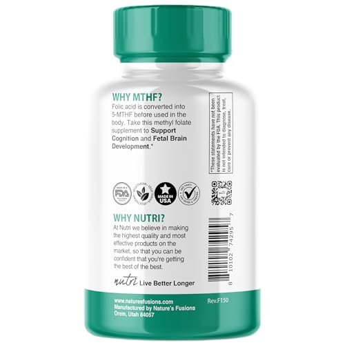 Nutri 5-MTHF L-Methylfolat 1 mg – 4-Monatsvorrat, 120 vegane Tabletten – Methylierte Folat-Ergänzung für kognitive Funktion, Herzgesundheit, pränatale Unterstützung – 3rd Party getestet – NSF-zertifizierte Einrichtung