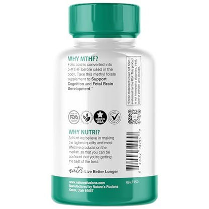 Nutri 5-MTHF L-Methylfolat 1 mg – 4-Monatsvorrat, 120 vegane Tabletten – Methylierte Folat-Ergänzung für kognitive Funktion, Herzgesundheit, pränatale Unterstützung – 3rd Party getestet – NSF-zertifizierte Einrichtung