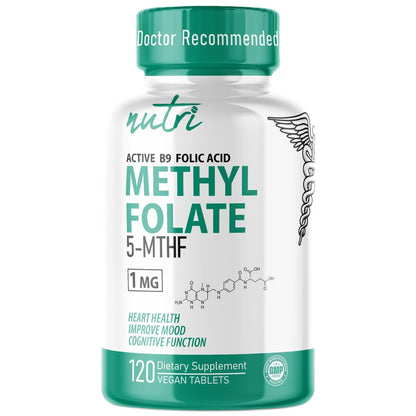 Nutri 5-MTHF L-Methylfolat 1 mg – 4-Monatsvorrat, 120 vegane Tabletten – Methylierte Folat-Ergänzung für kognitive Funktion, Herzgesundheit, pränatale Unterstützung – 3rd Party getestet – NSF-zertifizierte Einrichtung