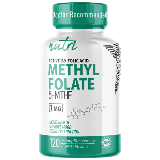 Nutri 5-MTHF L-Methylfolat 1 mg – 4-Monatsvorrat, 120 vegane Tabletten – Methylierte Folat-Ergänzung für kognitive Funktion, Herzgesundheit, pränatale Unterstützung – 3rd Party getestet – NSF-zertifizierte Einrichtung