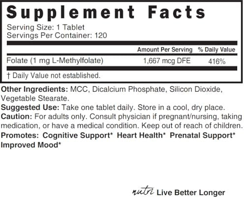 Nutri 5-MTHF L-Methylfolat 1 mg – 4-Monatsvorrat, 120 vegane Tabletten – Methylierte Folat-Ergänzung für kognitive Funktion, Herzgesundheit, pränatale Unterstützung – 3rd Party getestet – NSF-zertifizierte Einrichtung