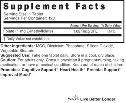Nutri 5-MTHF L-Methylfolat 1 mg – 4-Monatsvorrat, 120 vegane Tabletten – Methylierte Folat-Ergänzung für kognitive Funktion, Herzgesundheit, pränatale Unterstützung – 3rd Party getestet – NSF-zertifizierte Einrichtung