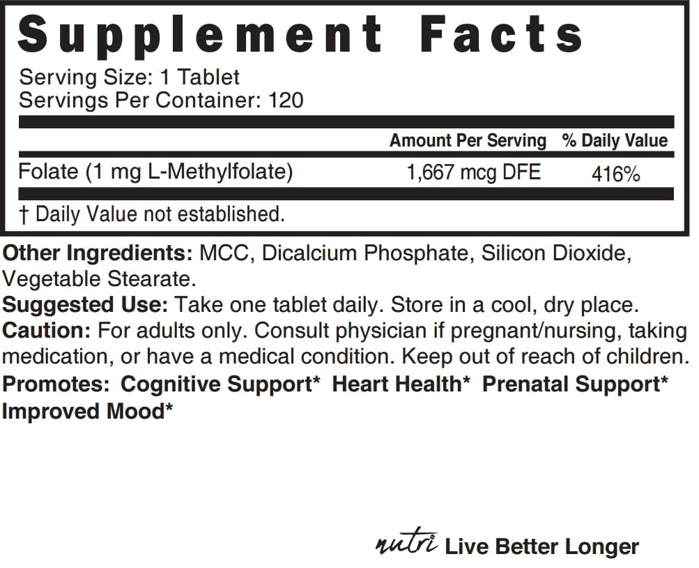 Nutri 5-MTHF L-Methylfolat 1 mg – 4-Monatsvorrat, 120 vegane Tabletten – Methylierte Folat-Ergänzung für kognitive Funktion, Herzgesundheit, pränatale Unterstützung – 3rd Party getestet – NSF-zertifizierte Einrichtung