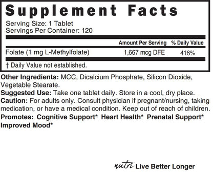 Nutri 5-MTHF L-Methylfolat 1 mg – 4-Monatsvorrat, 120 vegane Tabletten – Methylierte Folat-Ergänzung für kognitive Funktion, Herzgesundheit, pränatale Unterstützung – 3rd Party getestet – NSF-zertifizierte Einrichtung