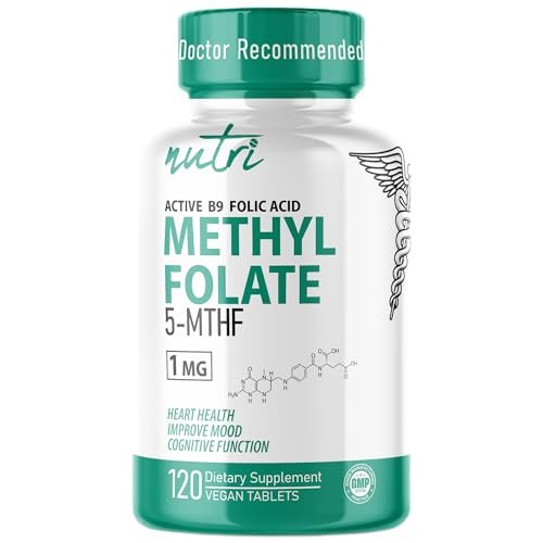 Nutri 5-MTHF L-Methylfolat 1 mg – 4-Monatsvorrat, 120 vegane Tabletten – Methylierte Folat-Ergänzung für kognitive Funktion, Herzgesundheit, pränatale Unterstützung – 3rd Party getestet – NSF-zertifizierte Einrichtung