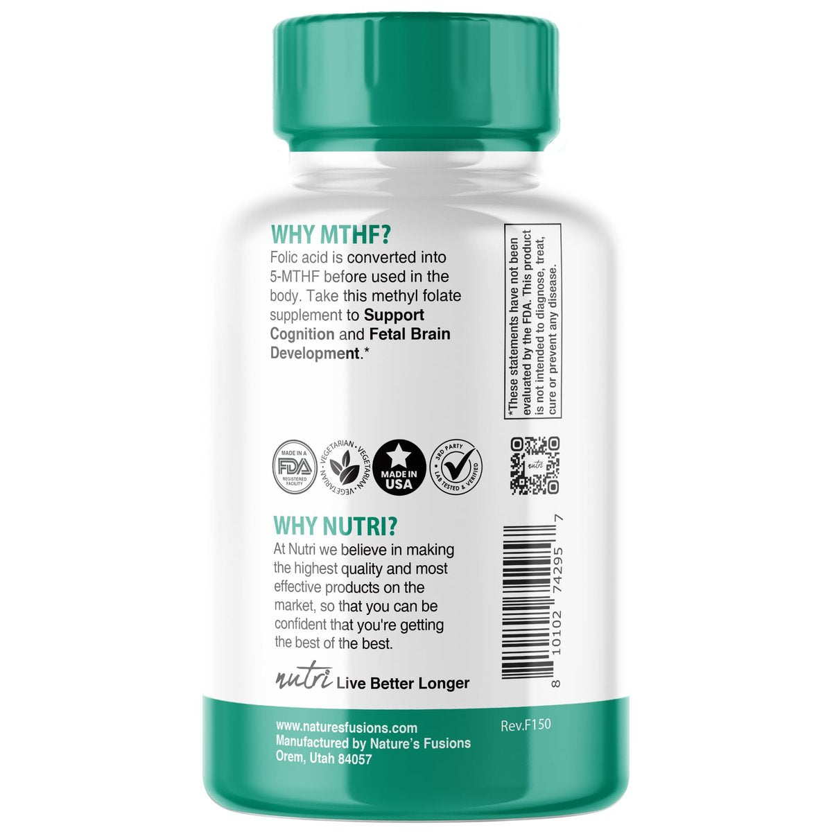 Nutri 5-MTHF L-Methylfolat 1 mg – 4-Monatsvorrat, 120 vegane Tabletten – Methylierte Folat-Ergänzung für kognitive Funktion, Herzgesundheit, pränatale Unterstützung – 3rd Party getestet – NSF-zertifizierte Einrichtung