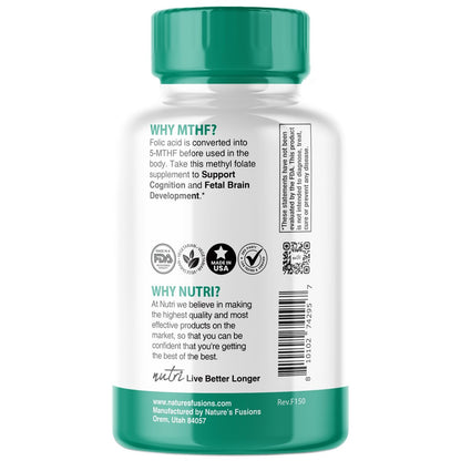 Nutri 5-MTHF L-Methylfolat 1 mg – 4-Monatsvorrat, 120 vegane Tabletten – Methylierte Folat-Ergänzung für kognitive Funktion, Herzgesundheit, pränatale Unterstützung – 3rd Party getestet – NSF-zertifizierte Einrichtung
