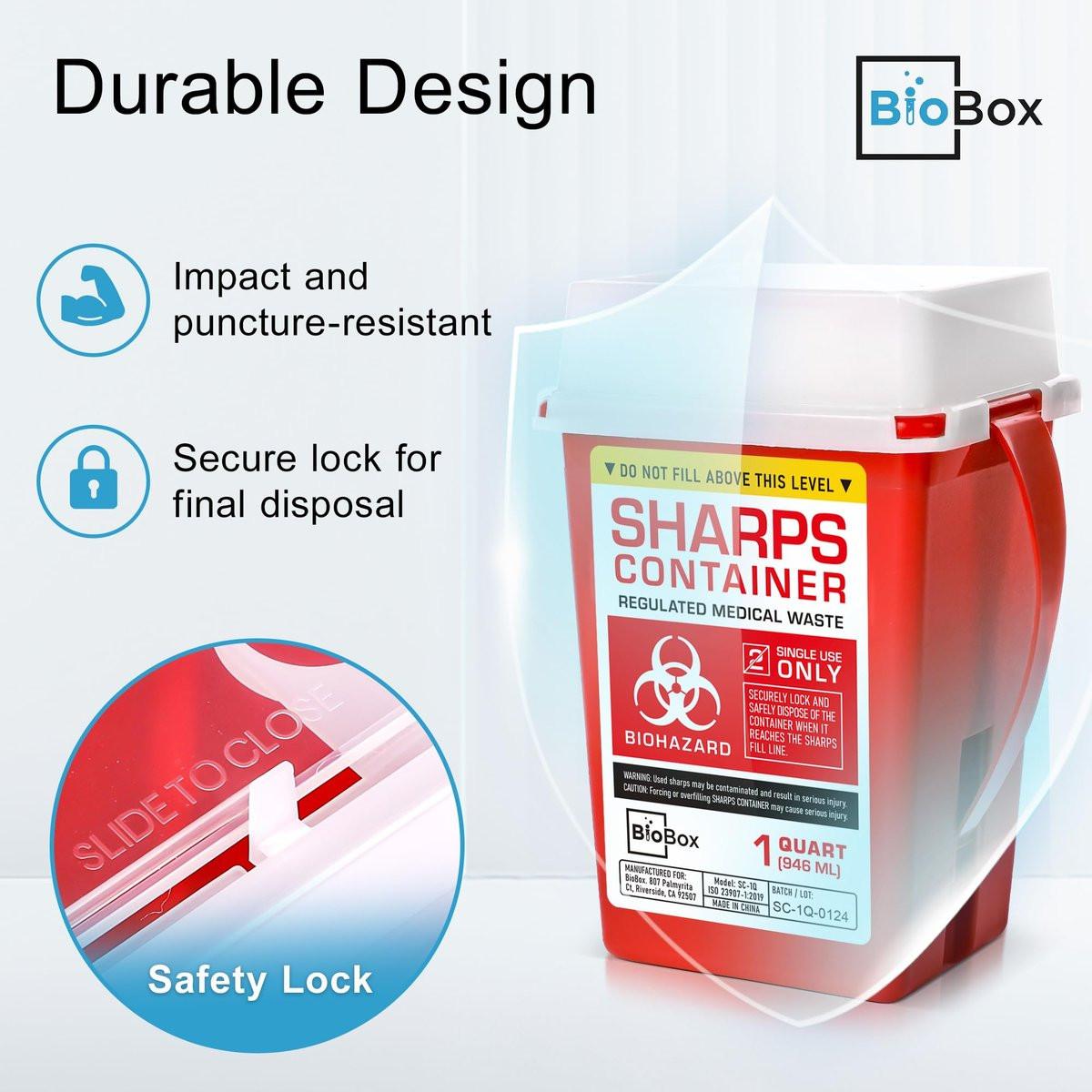 BioBox Sharps Container Klein - 1 Quart - Entsorgungsbehälter für zu Hause und im Labor - Tragbare Nadelentsorgung und Reisegröße Biohazard-Behälter