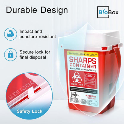 BioBox Sharps Container Klein - 1 Quart - Entsorgungsbehälter für zu Hause und im Labor - Tragbare Nadelentsorgung und Reisegröße Biohazard-Behälter