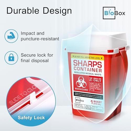 BioBox Sharps Container Klein - 1 Quart - Entsorgungsbehälter für zu Hause und im Labor - Tragbare Nadelentsorgung und Reisegröße Biohazard-Behälter