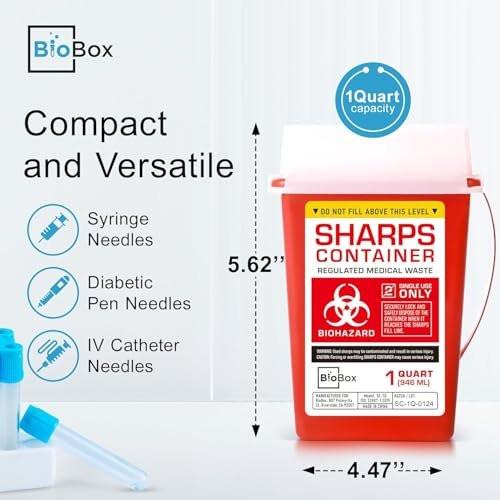 BioBox Sharps Container Klein - 1 Quart - Entsorgungsbehälter für zu Hause und im Labor - Tragbare Nadelentsorgung und Reisegröße Biohazard-Behälter